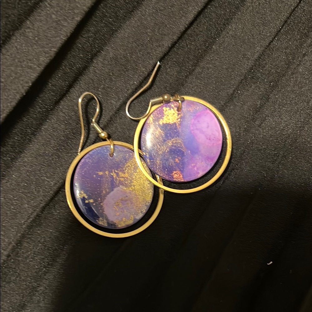 Purple and Gold Circular Earrings with Enamel Design